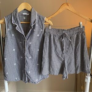 Vintage Honors Navy Gingham Floral Embroidered Blouse Short Set S/M